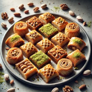 Close-up of authentic Baklawa, a flaky pastry layered with chopped nuts and drizzled with rose or orange blossom syrup.