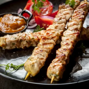 Skewers Of Grilled Chicken Kafta Served With Crispy Potatoes And A Creamy Garlic Dip.