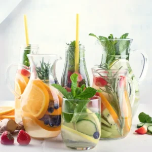 A cup of herbal infusion made with natural herbs and fruits, offering a soothing and caffeine-free experience.