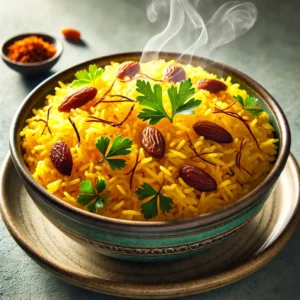 A bowl of saffron-infused basmati rice, delicately spiced and perfectly fluffy, with a rich golden hue and aromatic flavour.