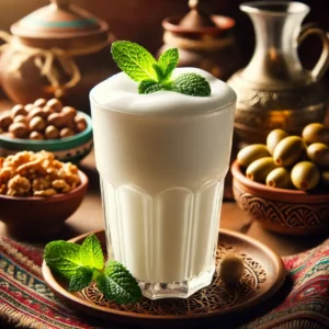 A glass of Aryan Lebanese, a creamy yogurt-based drink with a touch of salt, served chilled.