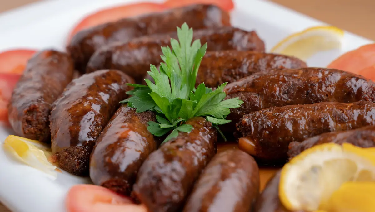 Traditional Lebanese Makaneh Dish With Spiced Sausage Served In A Rich Tomato Sauce.